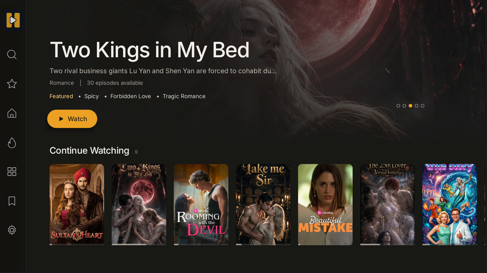 HaloShort TV home screen with a Watch button and Continue Watching row